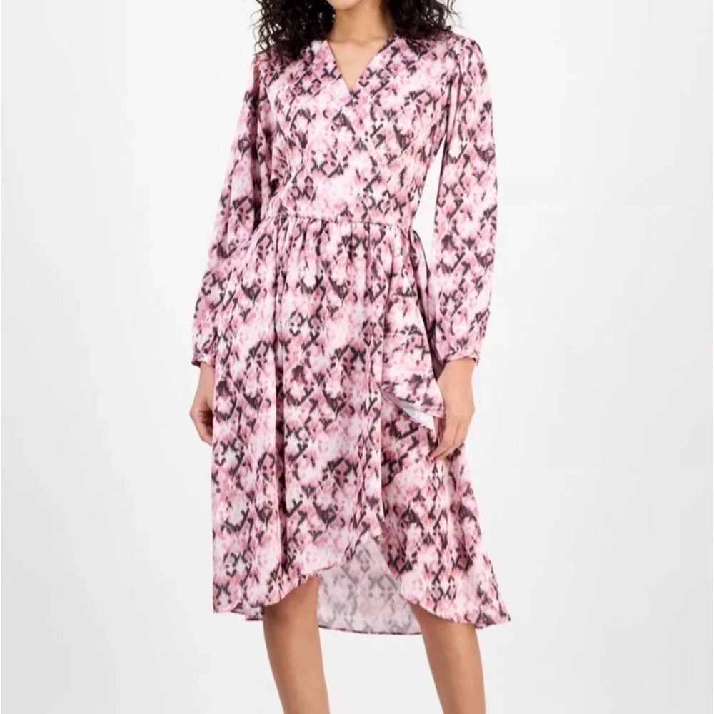Boss Orange Divanta Long Sleeve Surplice Neck Pink Print Dress Womens M NWT